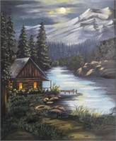 Moon River Landscape, Oil on Canvas Signed