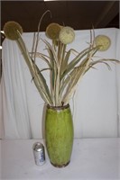 Large Green Pottery Vase W/ Strange Silk Flowers