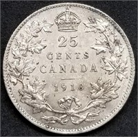 1910 Canada 25 Cents Silver Quarter UNC Nice