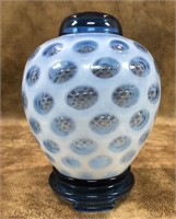 Handmade Fenton Milk and Blue Crystal Vase