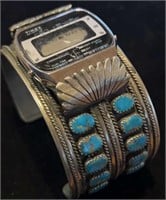 Sterling & Turquoise Watch Cuff, 1 1/2"W, 122g
