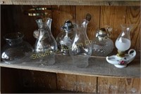 3 Oil lamps & candle holder (all with globes)