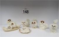 7 Vtg Pomeranian Fur Pups & Kitten In Basket