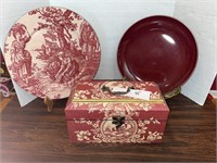 Red Decorative Plate and Box Lot toile