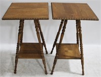 Pair Carved Oak Square Side Tables