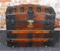 A Good Antique Camel Back Chest, wood w/metal