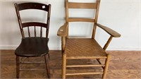 2 vintage wood chairs, 1 spindle back, 1 blonde