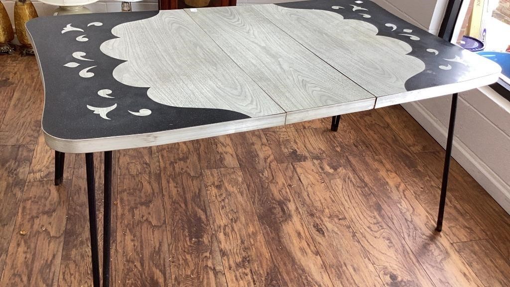 Mid century dining table, metal legs, has leaf