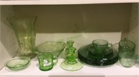 Shelf lot of 16 pieces green depression glass,