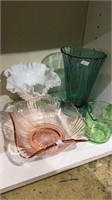 4 pieces of colored glass, pink glass bowl, green