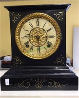 Black enamel metal Ansonia mantel clock, no glass