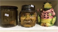 Majelica frog tobacco jar, wood carved face mug,