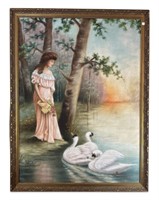 Lg. Antique Lady & Swans Lake Landscape Painting