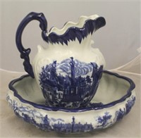 Blue & white washbowl and pitcher set