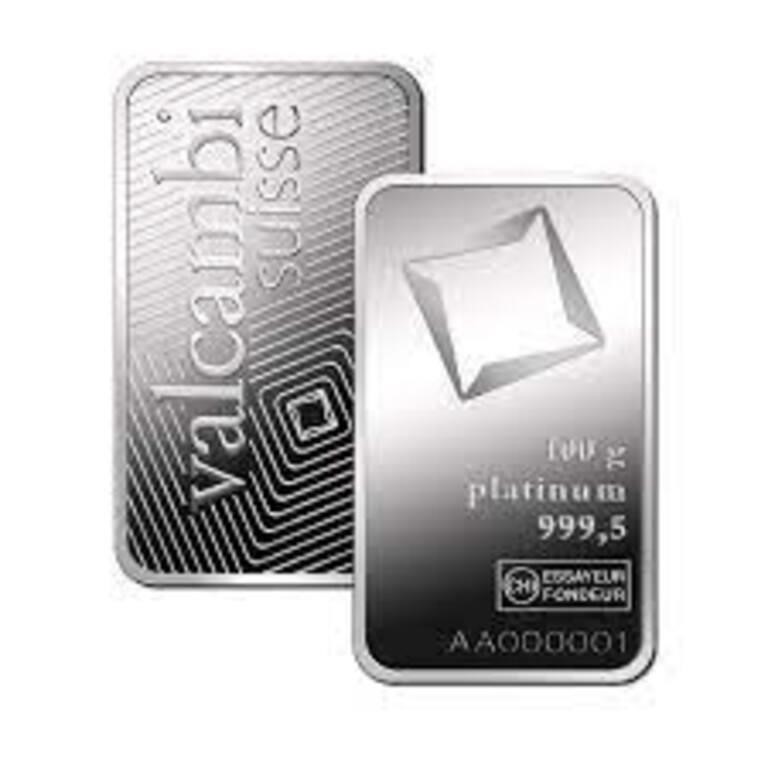 100 Gram: .999 Fine Platinum Valcambi Bar