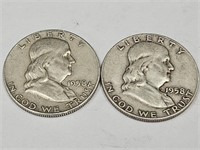 2- 1958 D Franklin Silver Half Dollar Coins