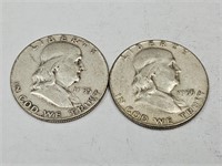 2- 1955 Franklin Silver Half Dollar Coins
