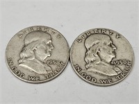 2- 1958 D Franklin Silver Half Dollar Coins