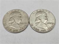 2- 1954 D Franklin Silver Half Dollar Coins