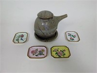 Small Stoneware Pot and Enameled Pin Trays