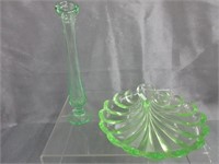 Vaseline Glass Scalloped Dish & Bud Vase