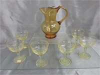 Amber Glass Pitcher & Yellow Fostoria Glasses