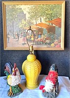 RESIN ROOSTER & CHICKEN DECOR YELLOW LAMP &PICTURE