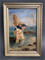 18th-19th Century Oil on Board Children by Sea