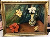 Hibiscus Original Oil Painting Signed SH Bradley,