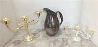 SILVER PLATE CANDELABRA AND WATER PITCHER