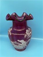 Fenton Mary Gregory Cranberry Glass Vase - Signed