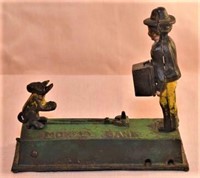 Original Hubley cast iron monkey bank, needs