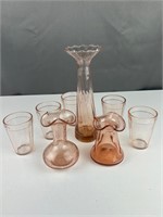 Pickup Pink depression glass vases juice glasses