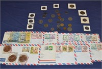 Lot Various Foreign Coins, Paper Money, & Stamps