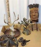 Box - brass horse, Wooden Indian Head, dear pen