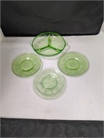 Vintage Green Vaseline Glass Candy Tray & Plates