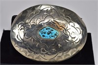 Indian Silver Oval Belt Buckle Turquoise Signed