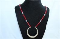 Long Red Beaded Necklace with Pendant