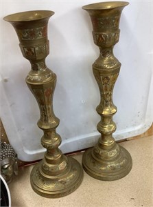 16" Brass candlesticks with Middle East motif