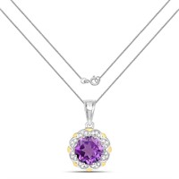 Plated Rhodium 1.80ct Amethyst and Diamond Pendant