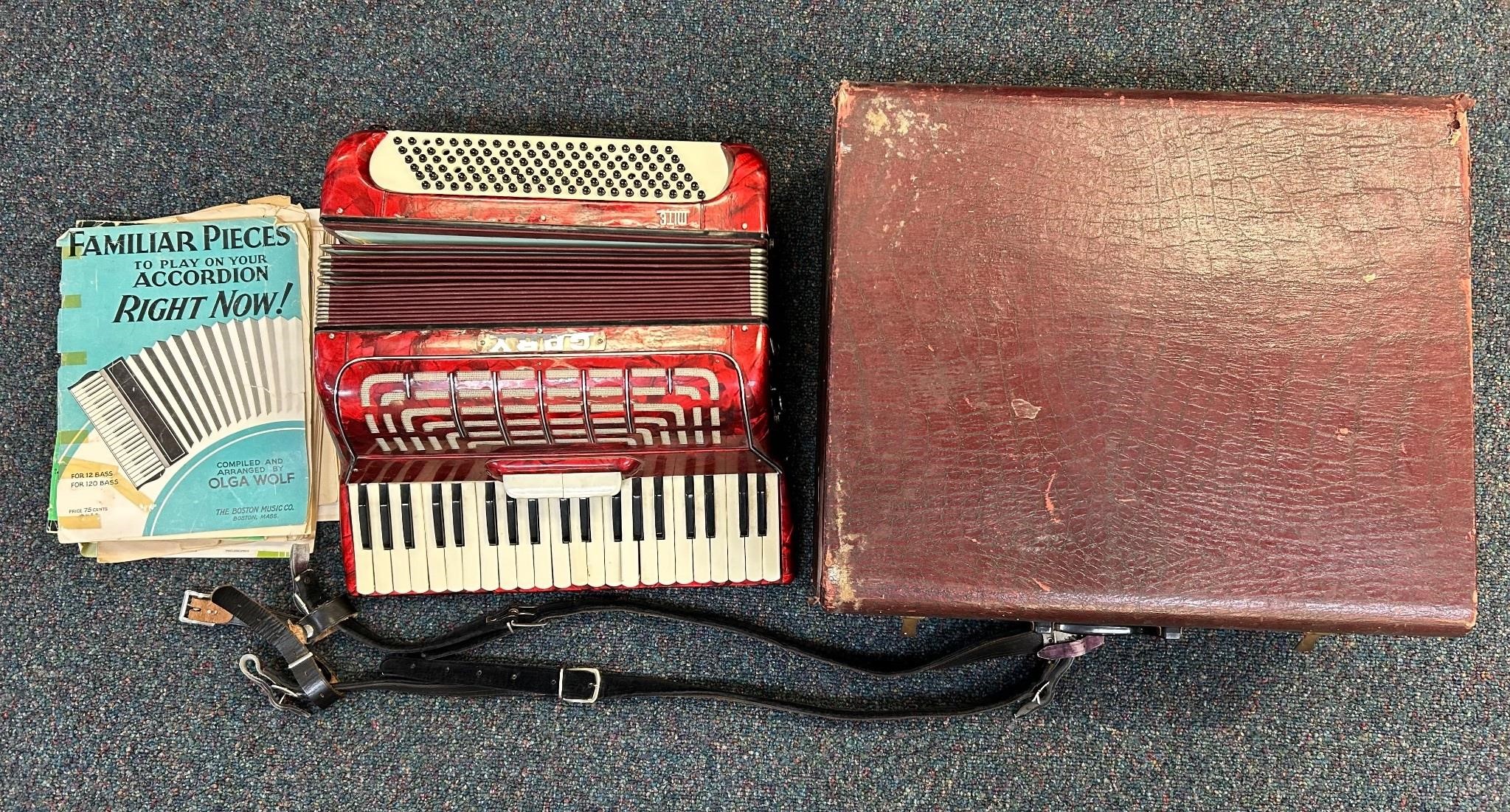 Vintage Red Gary Mite Accordion with Case & Music