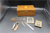 2 Ambrotypes, Inlay Rose Wood Box, Pocket Knives+