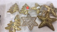 Set of 3 gold tree and 3 star ornaments and 1metal
