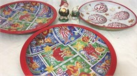 3 metal Christmas serving plates and  ceramic