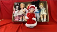 BOX OF DOLLS INCLUDING MRS CLAUS