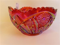 Red Carnival Glass Sawtooth Bowl-8.5" Dia x 4.75"T
