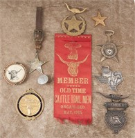 Group of 9 advertising Watch Fobs, Pins & Buttons