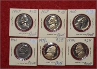 Six Proof Jefferson Nickels  1957 to 1979-S Mix