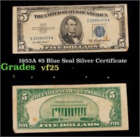 1953A $5 Blue Seal Silver Certificate Grades vf+