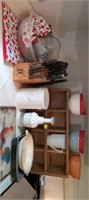 Wood shelf, bowls, towels, knife sets, all top o
